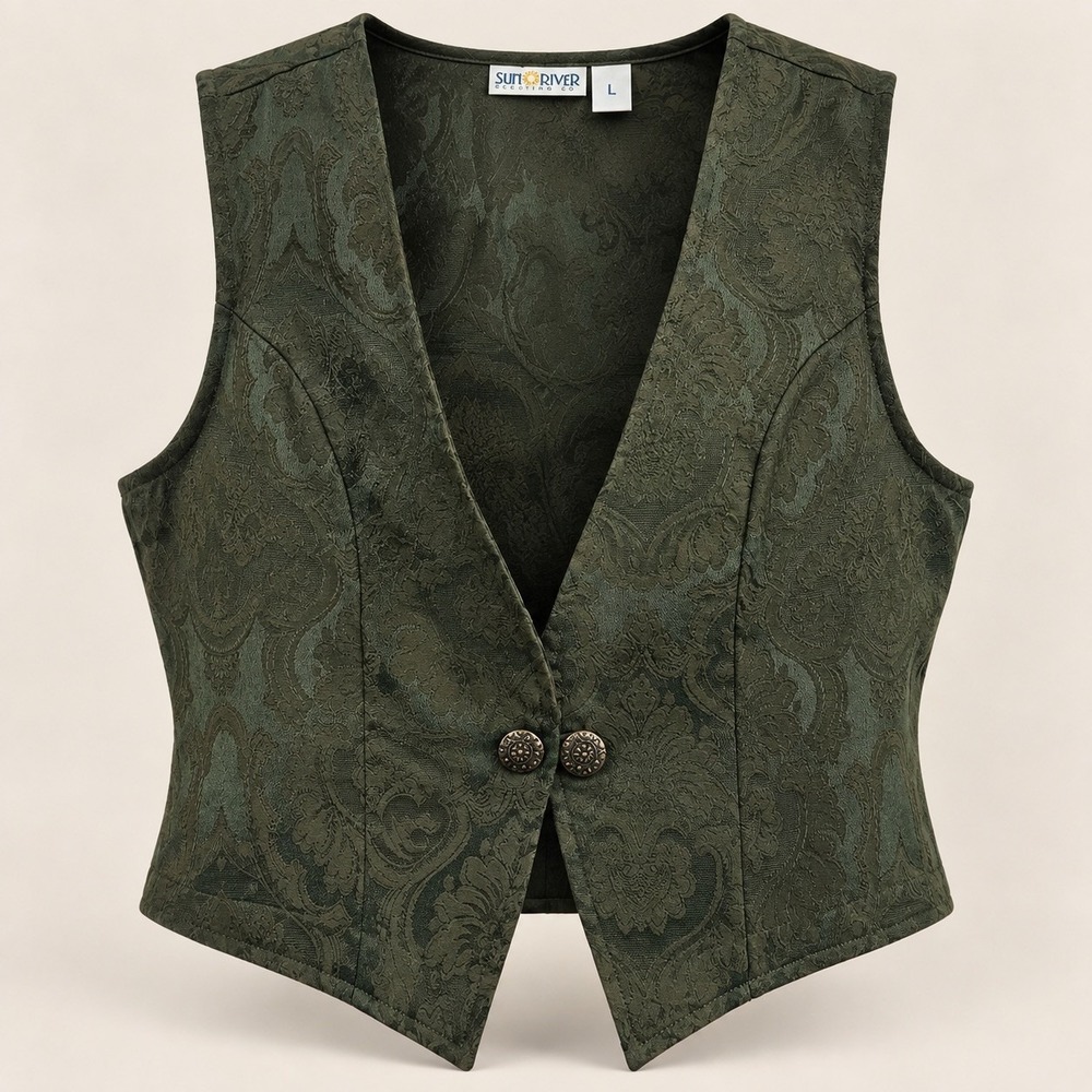 Vtg 90s Green Brocade Vest L Dark Academia Victorian Forestcore Boho Cottagecore